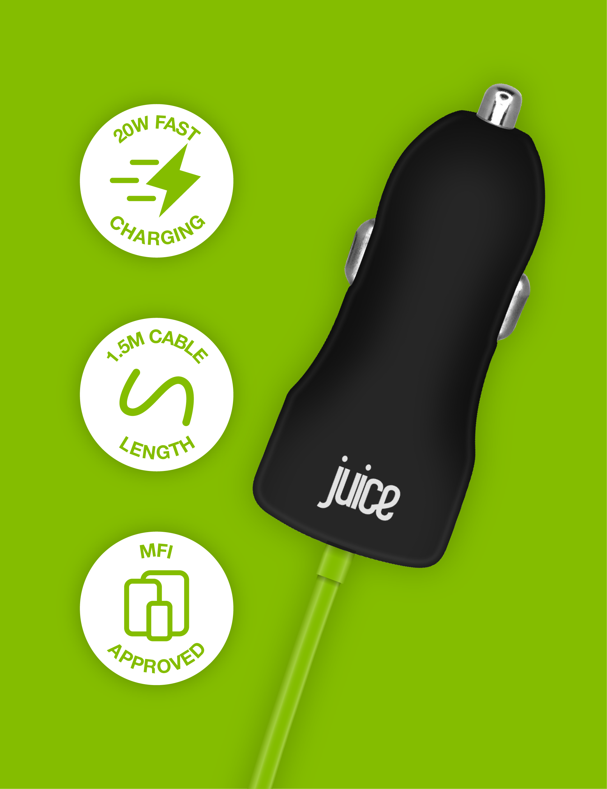 Juice 20W Integrated Lightning Car Charger - Black