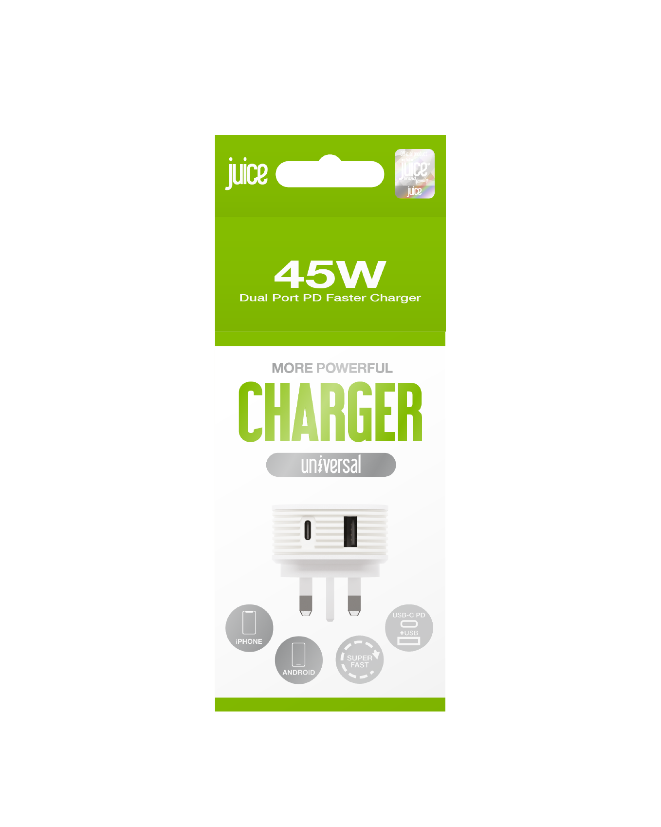 Juice 45W Dual Port Fast Charger Plug – White
