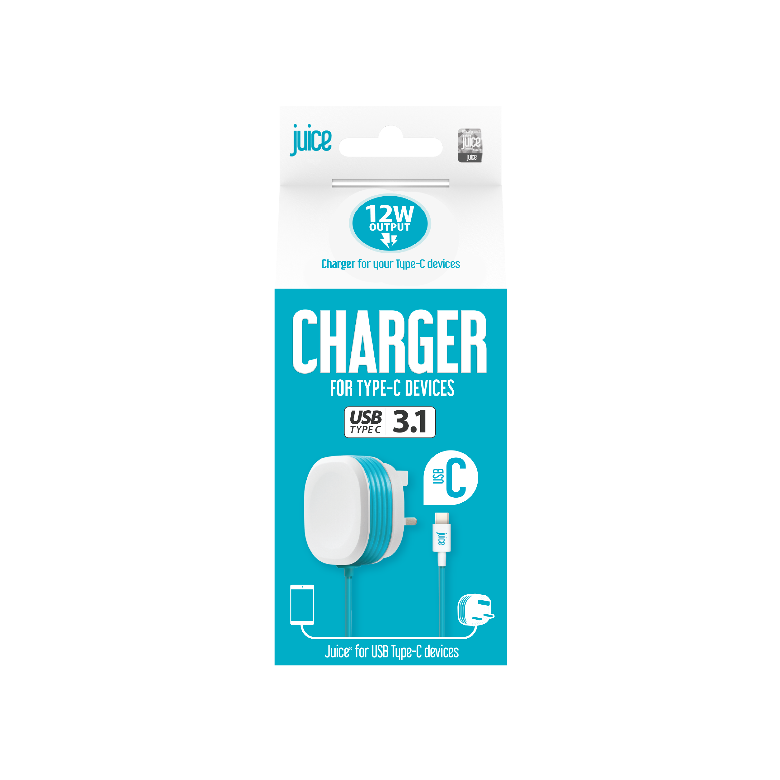 Juice 12 Watt USB-C Mains Charger with 1.5 metre Integrated Cable
