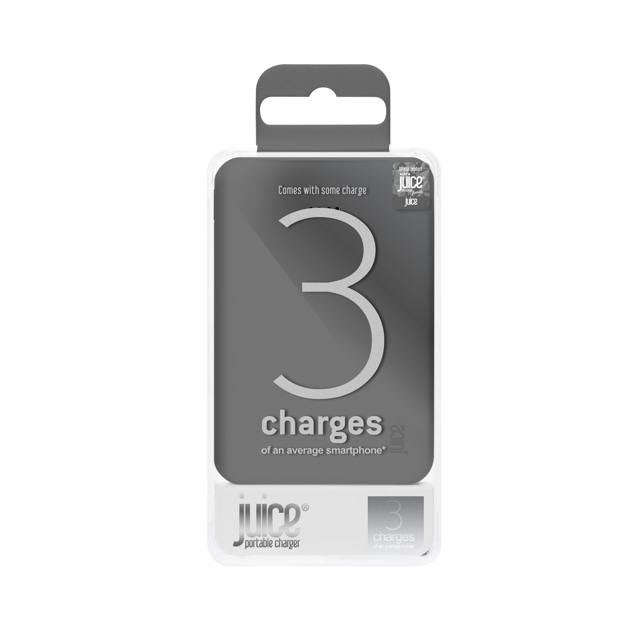 Juice 3 Portable Power Bank Charger in packaging, Grey colour. Provides 3 full charges of the average smart phone.