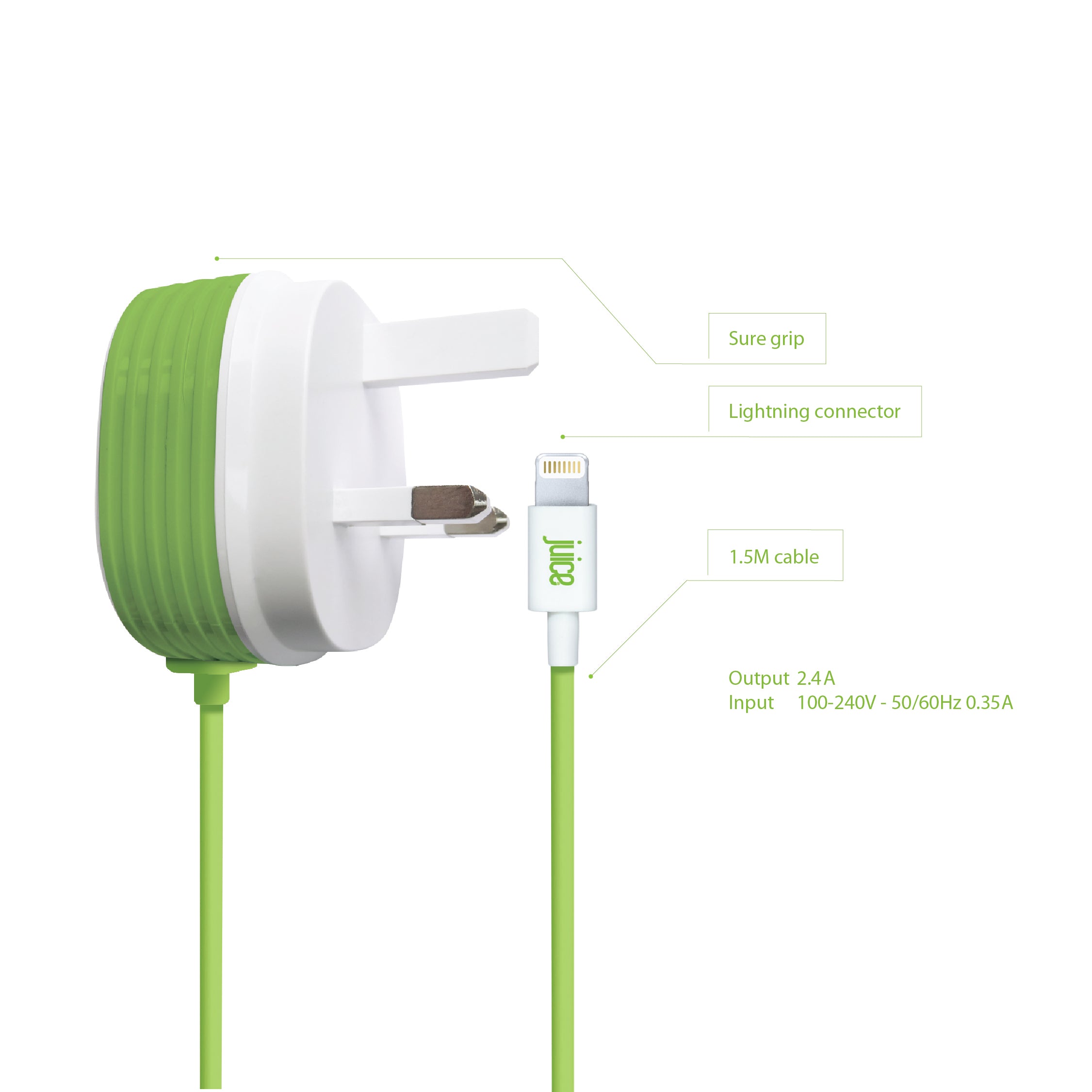 Juice 2.4 Amp Apple Lightning Charger Plug and Cable annotated instructions