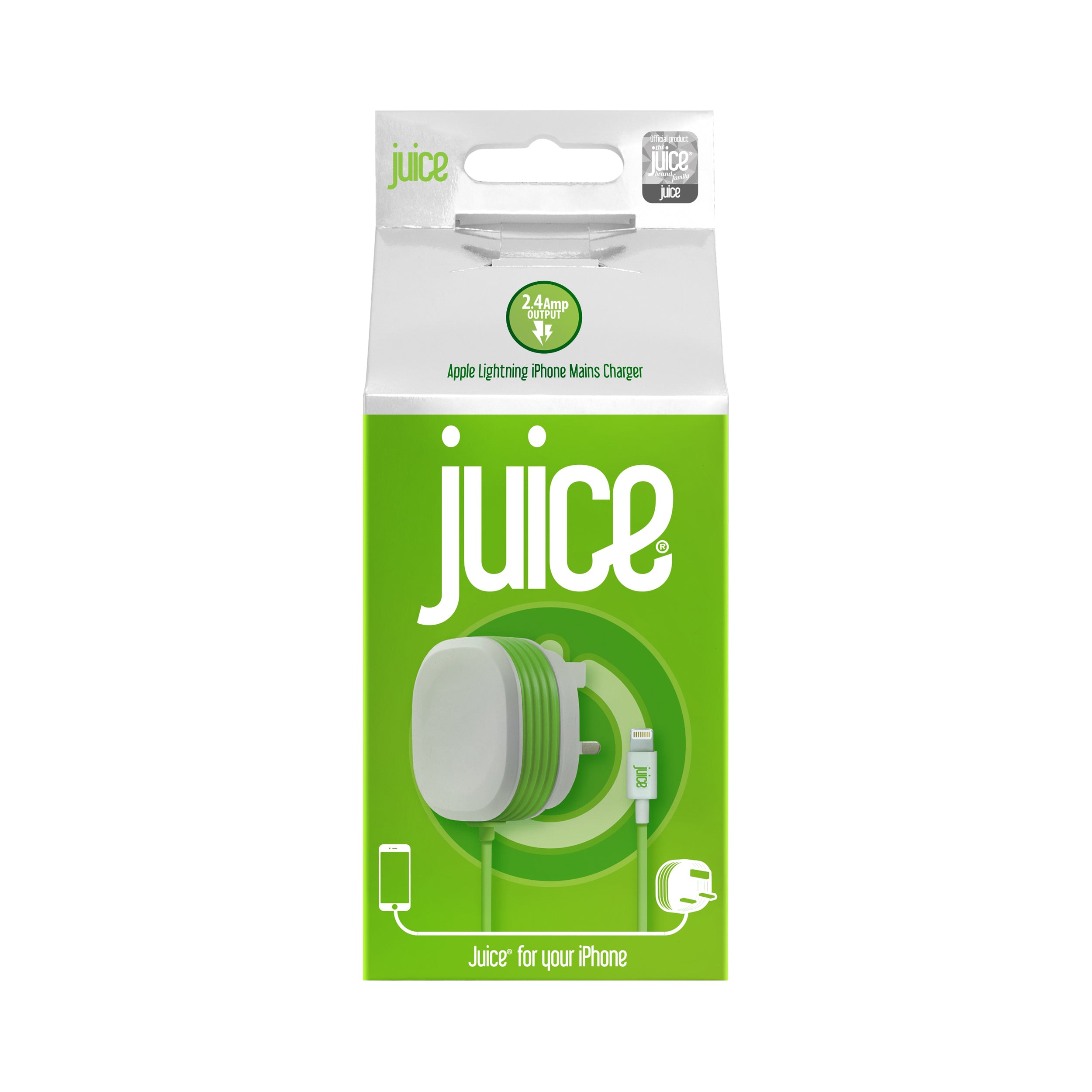Juice 2.4 Amp Apple Lightning Charger Plug and Cable Carton Packaging and Front View