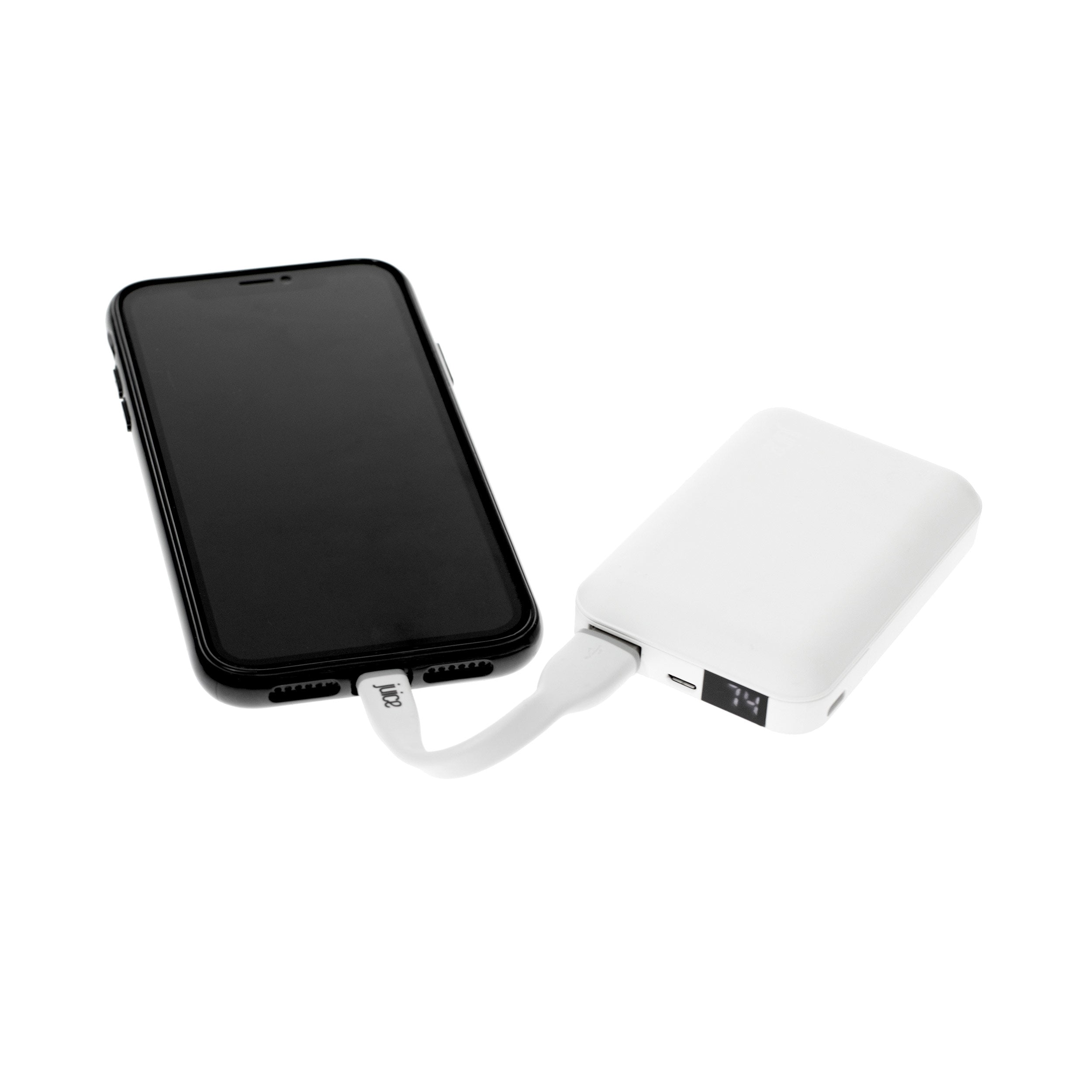 Juice 3 Charge Portable Power Bank in White connected to iPhone with 15cm USB Cable.