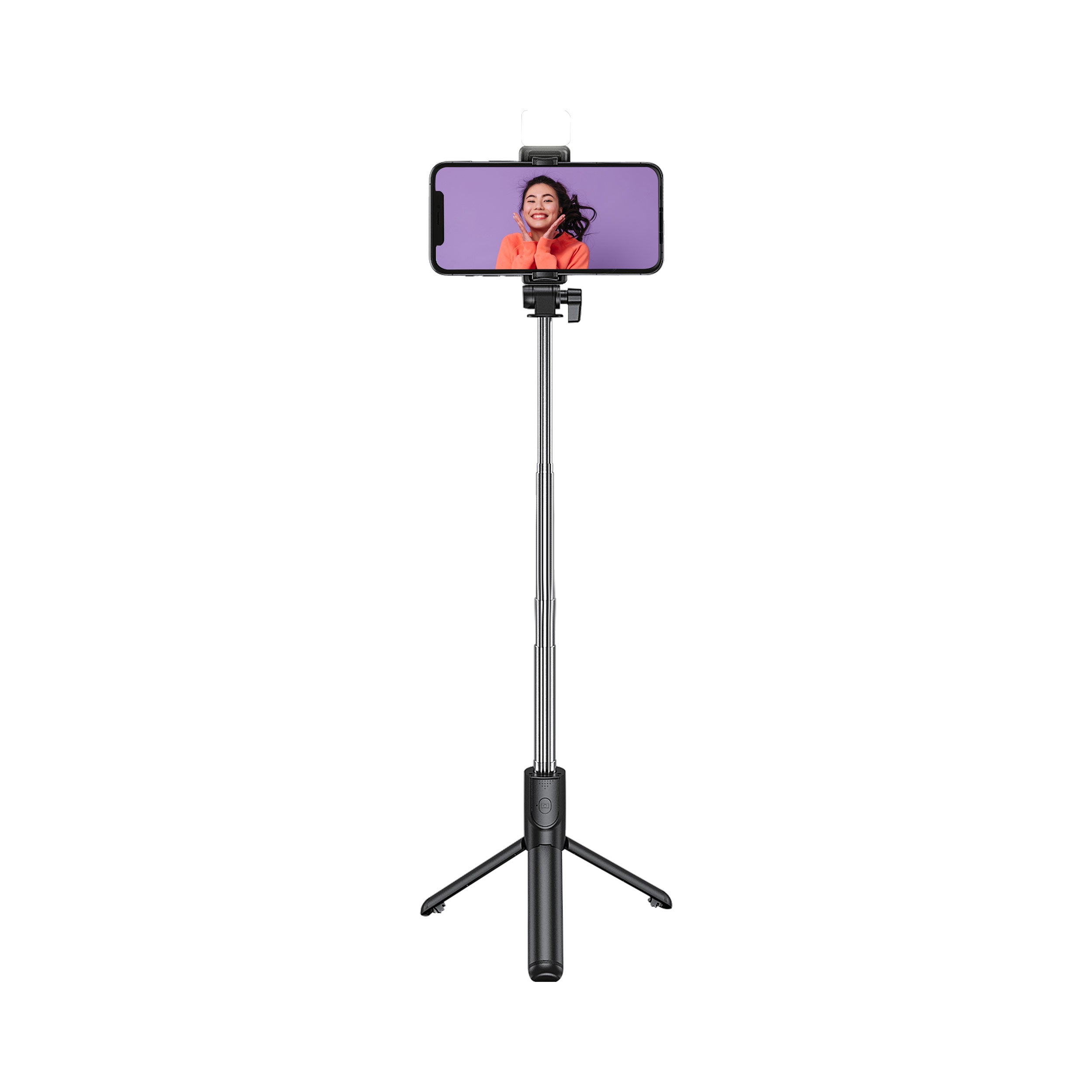 Juice Social 4 in 1 Selfie Stick, phone held horizontally in C Clamp on extended tri-pod.
