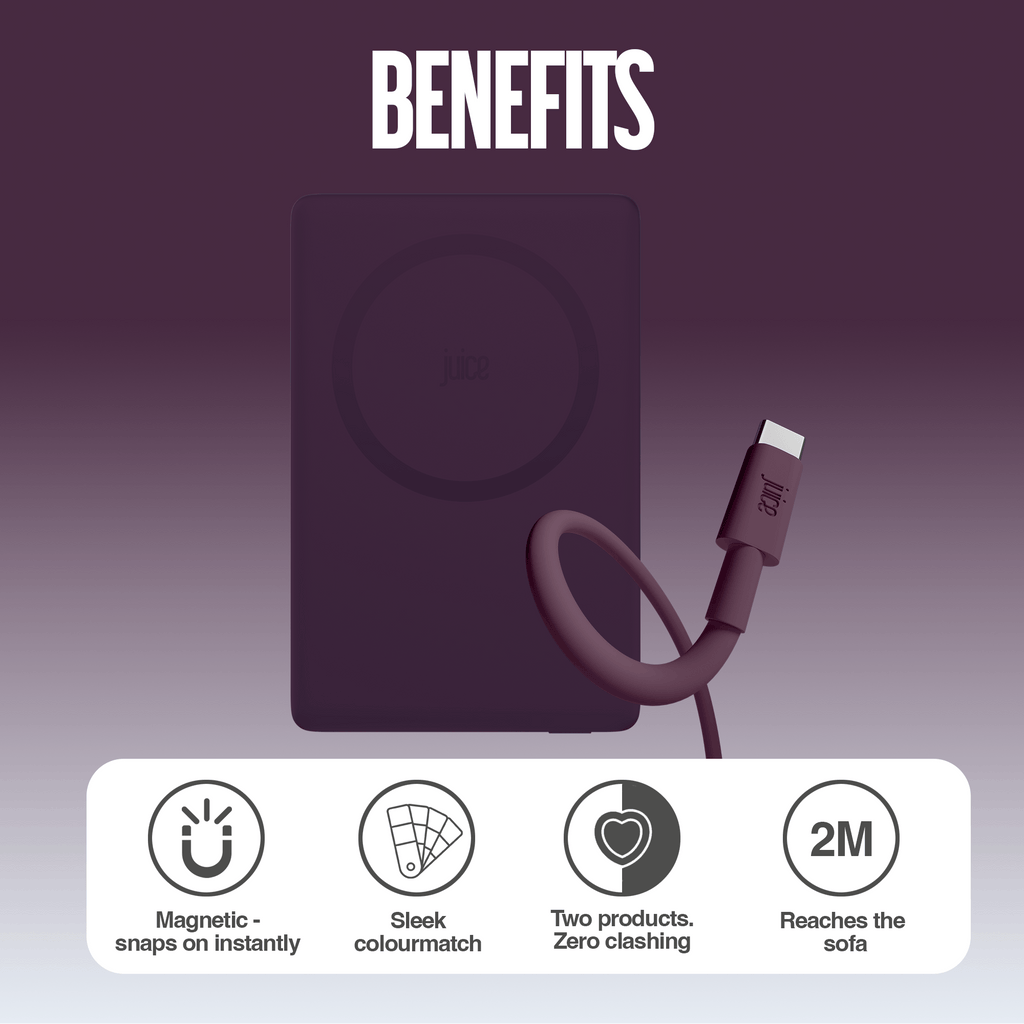 Juice iPhone 18 Colour Matched Bundle 1 – MagTec Power Bank + USB-C Cable 2m – Burgundy – Benefits