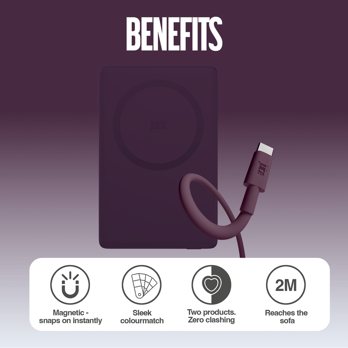 Juice iPhone 18 Colour Matched Bundle 1 – MagTec Power Bank + USB-C Cable 2m – Burgundy – Benefits