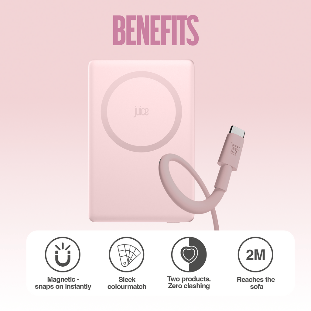 Juice iPhone 18 Colour Matched Bundle 1 – MagTec Power Bank + USB-C Cable 2m – Pink – Benefits