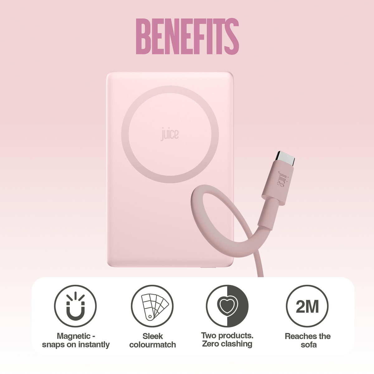 Juice iPhone 18 Colour Matched Bundle 1 – MagTec Power Bank + USB-C Cable 2m – Pink – Benefits