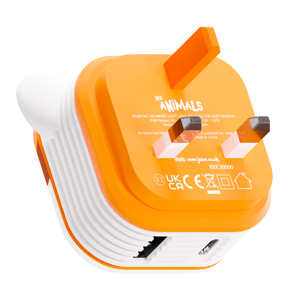 قابس Juice Animals 30W ثنائي المنفذ USB-A/C PD - Tiger