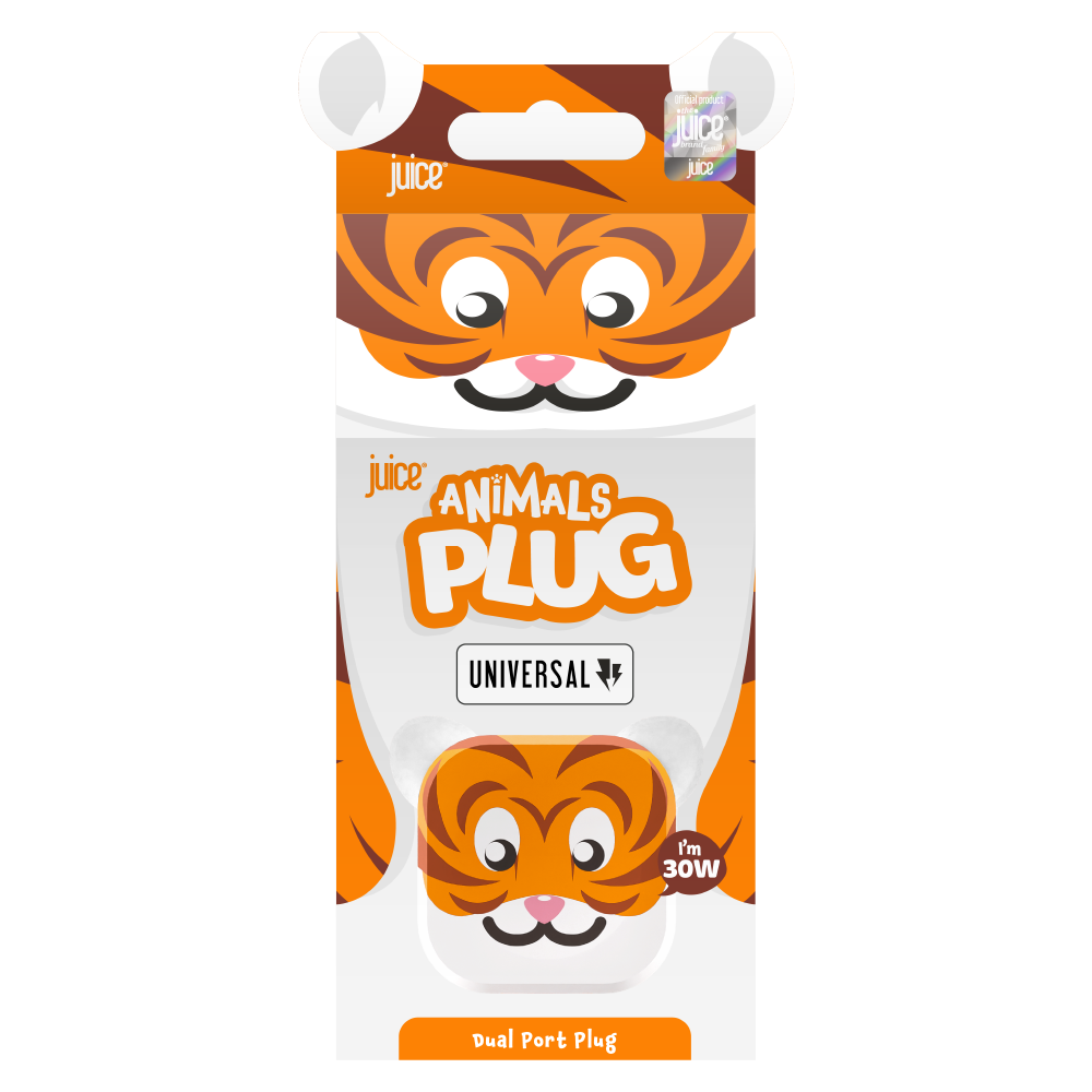 قابس Juice Animals 30W ثنائي المنفذ USB-A/C PD - Tiger