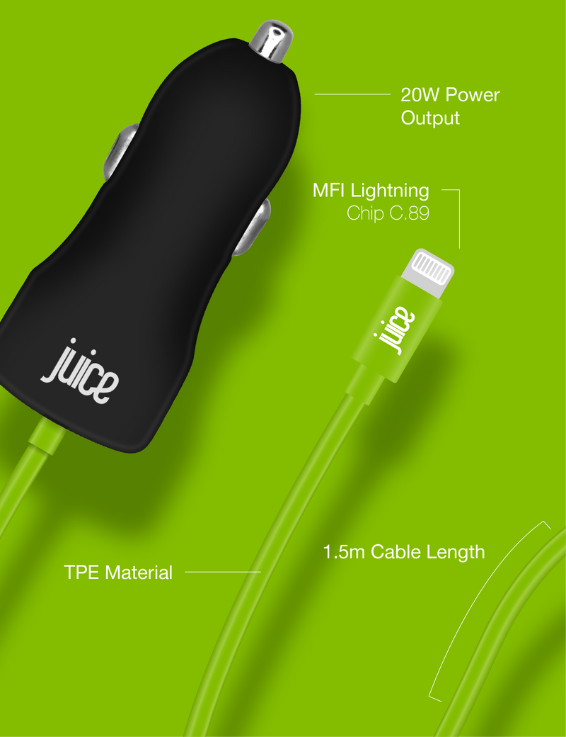 Juice 20W Integrated Lightning Car Charger - Black