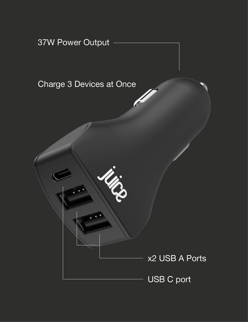 Juice ECO 37W 3-Port Car Charger with Power Delivery – Black