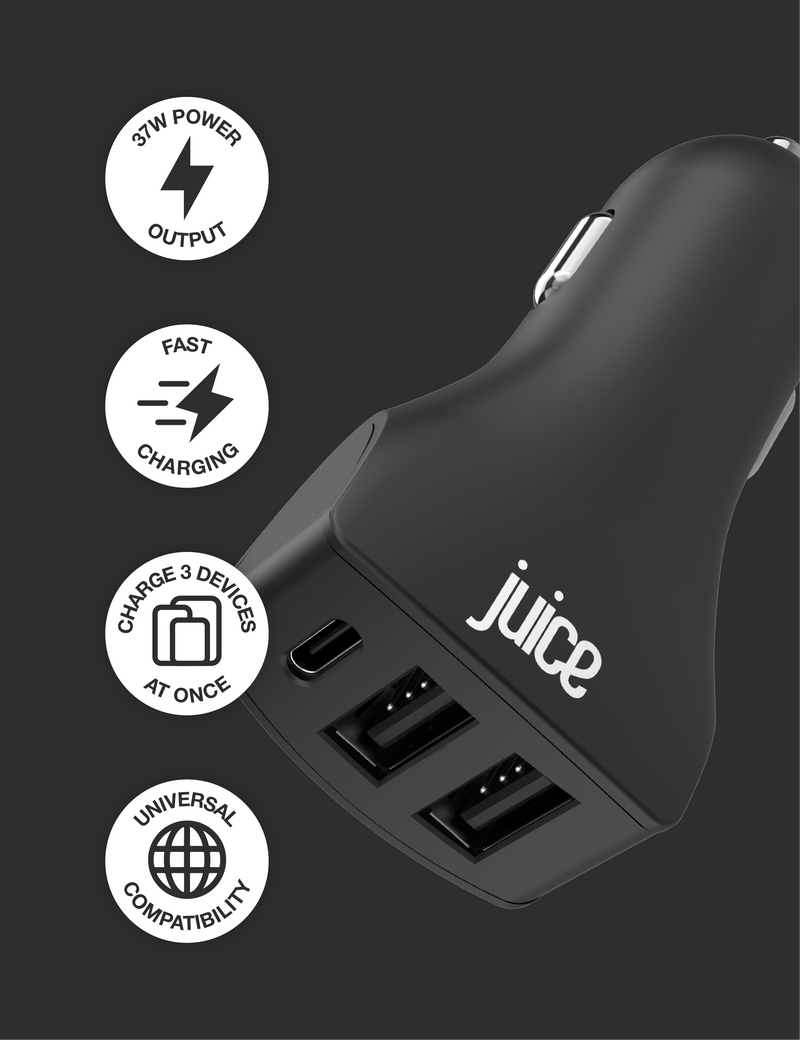 Juice ECO 37W 3-Port Car Charger with Power Delivery – Black