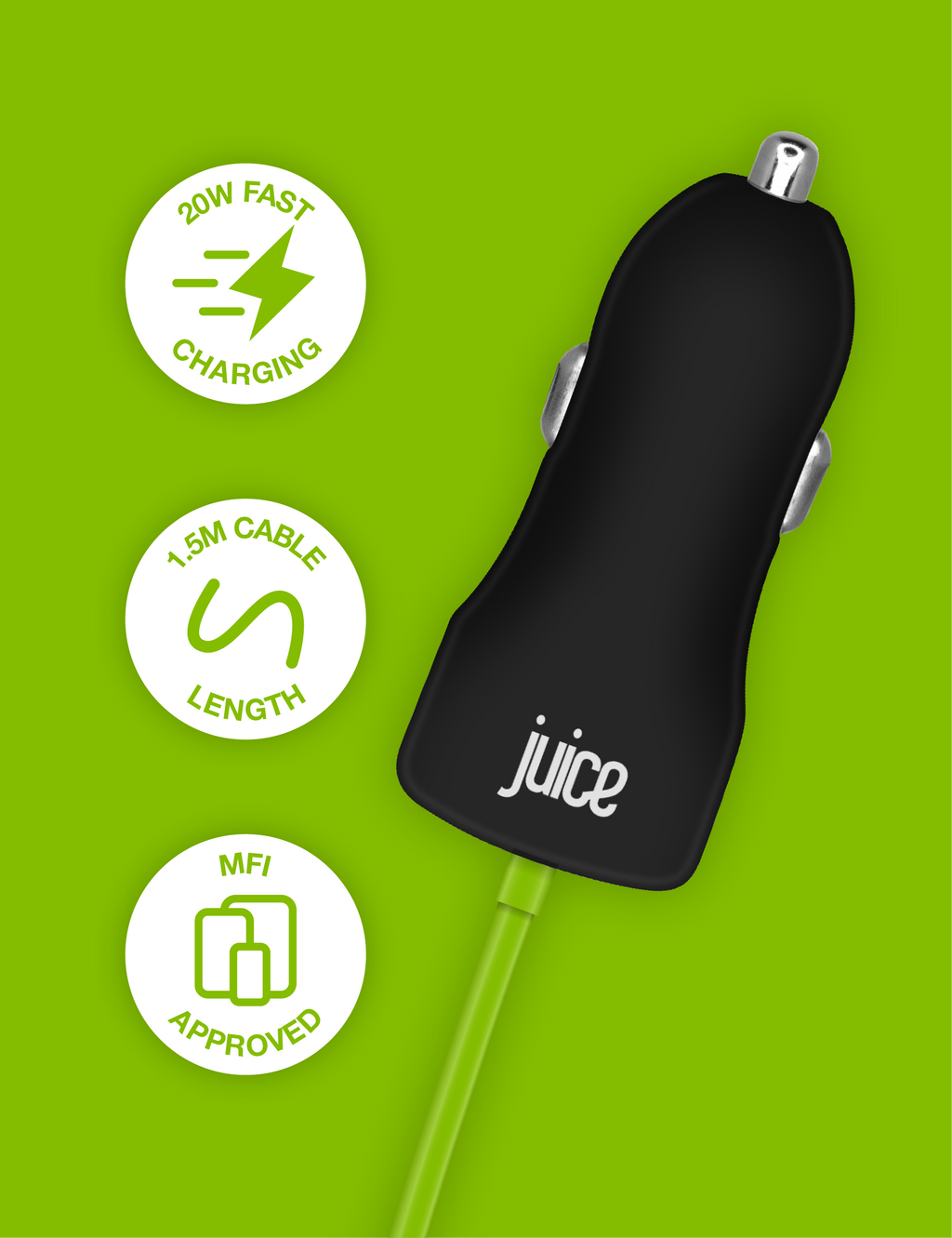 Juice 20W Integrated Lightning Car Charger - Black