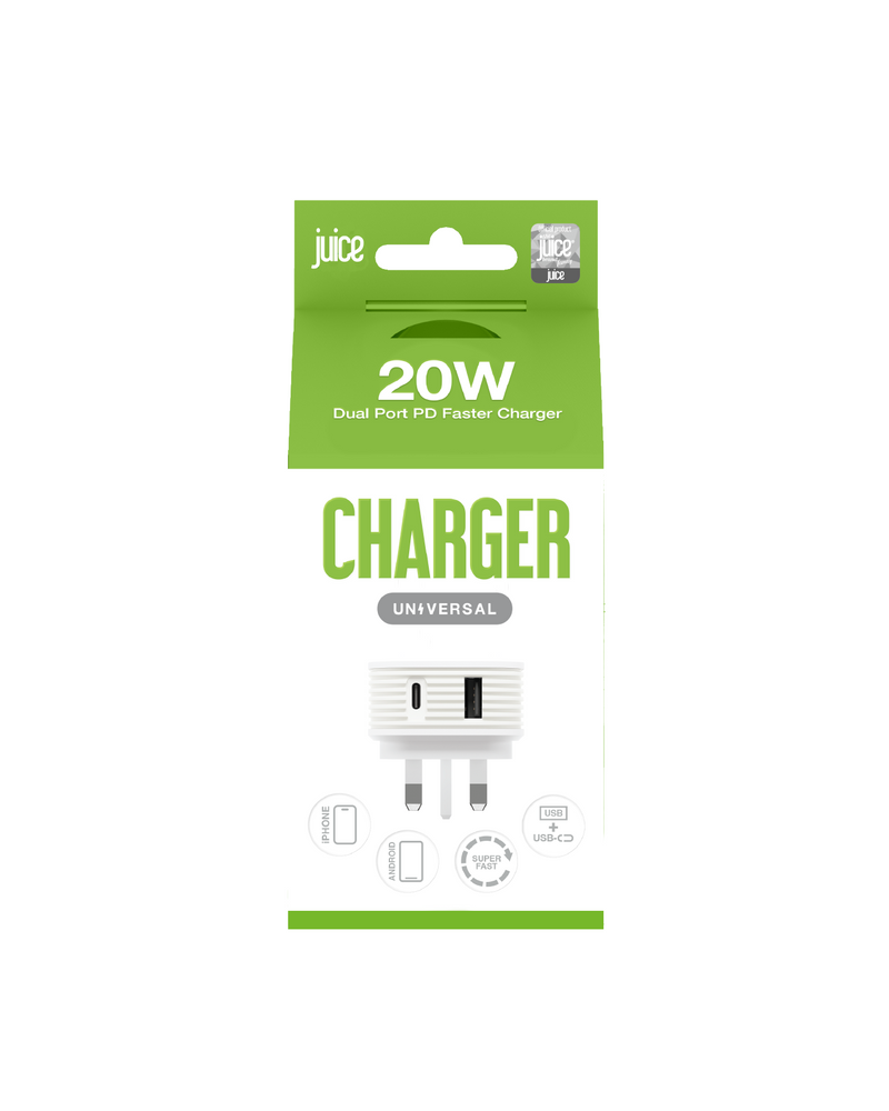 Juice 20W Dual Port Fast Charger Plug – White