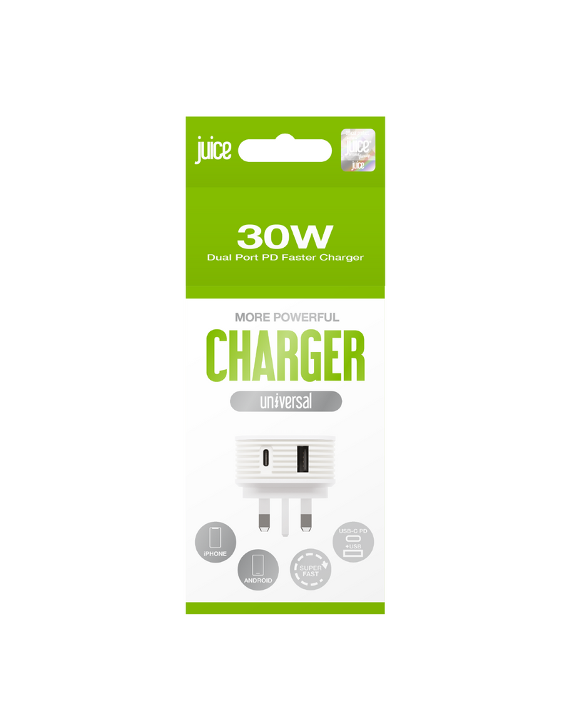 Juice 30W Dual Port Fast Charger Plug – White