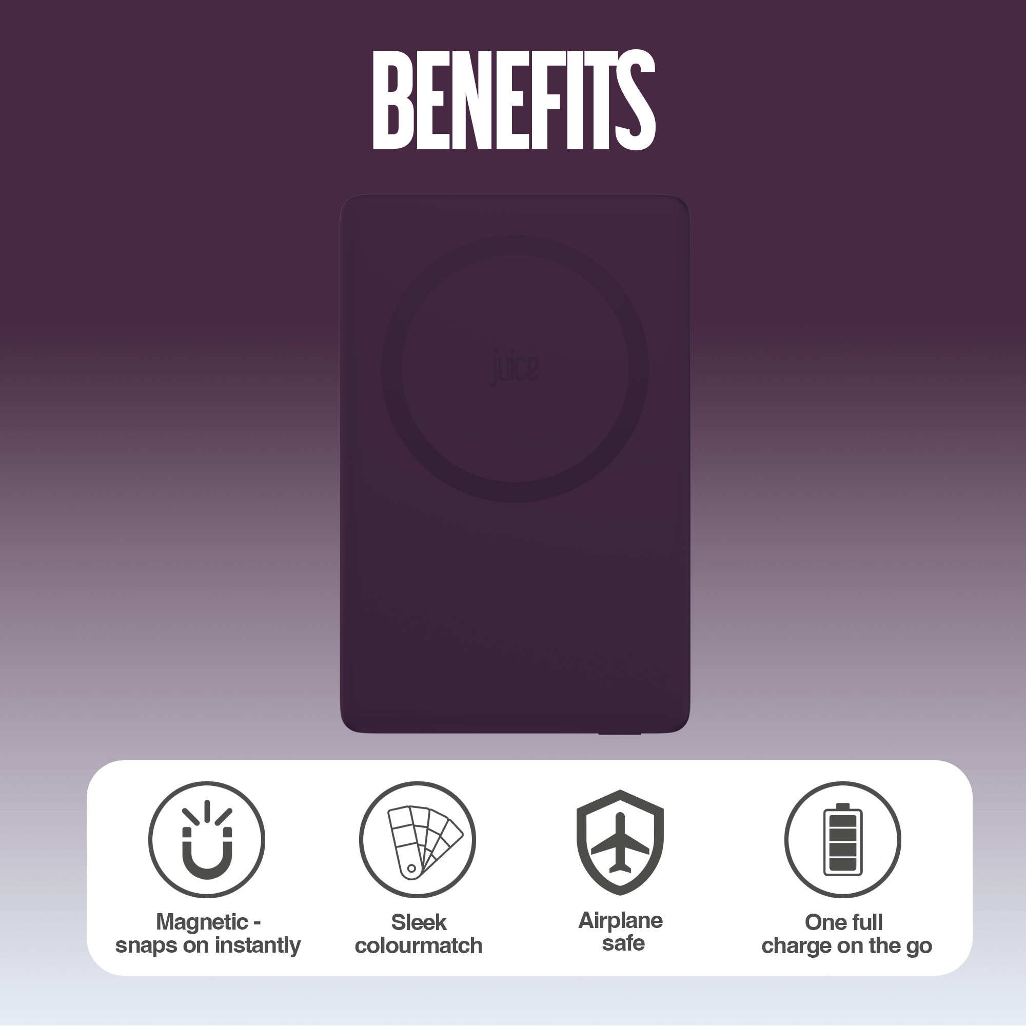 Juice 1 Charge Mag Tec Power Bank – 5,000mAh – iPhone 18 Colour Match – Burgundy – Benefits