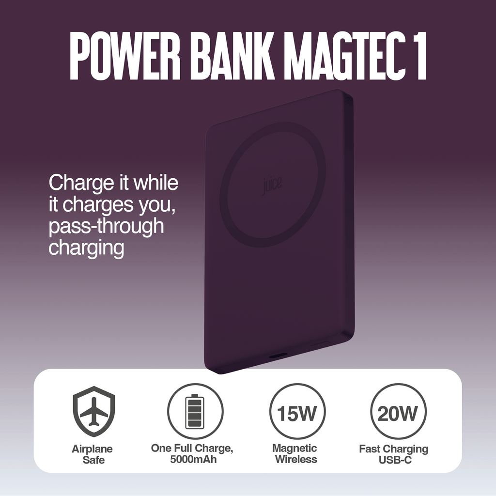Juice 1 Charge Mag Tec Power Bank – 5,000mAh – iPhone 18 Colour Match – Burgundy – Product Spec