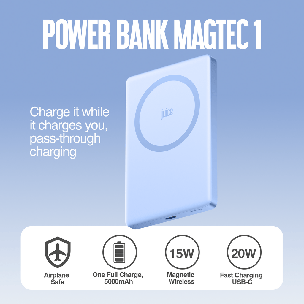 Juice 1 Charge Mag Tec Power Bank – 5,000mAh – iPhone 18 Colour Match – Glacier – Product Spec