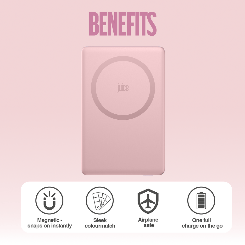 Juice 1 Charge Mag Tec Power Bank – 5,000mAh – iPhone 18 Colour Match – Pink – Benefits