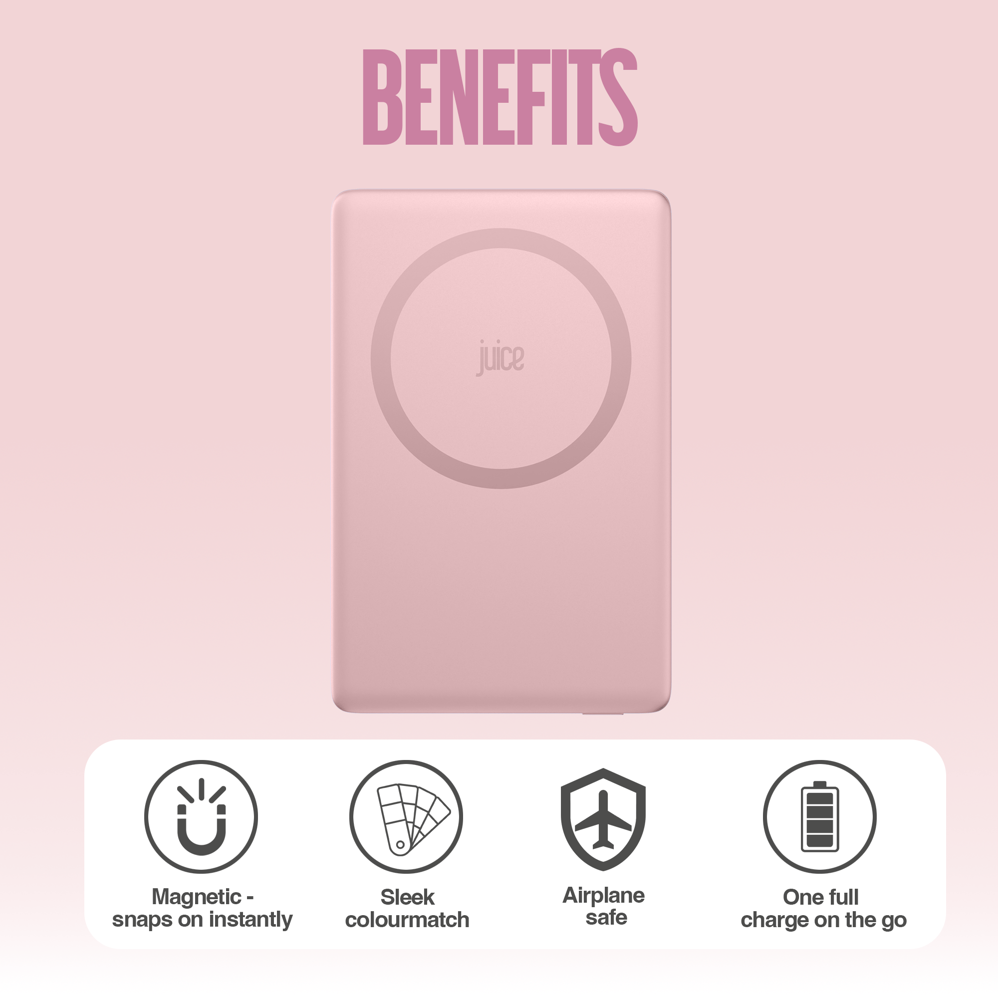 Juice 1 Charge Mag Tec Power Bank – 5,000mAh – iPhone 18 Colour Match – Pink – Benefits