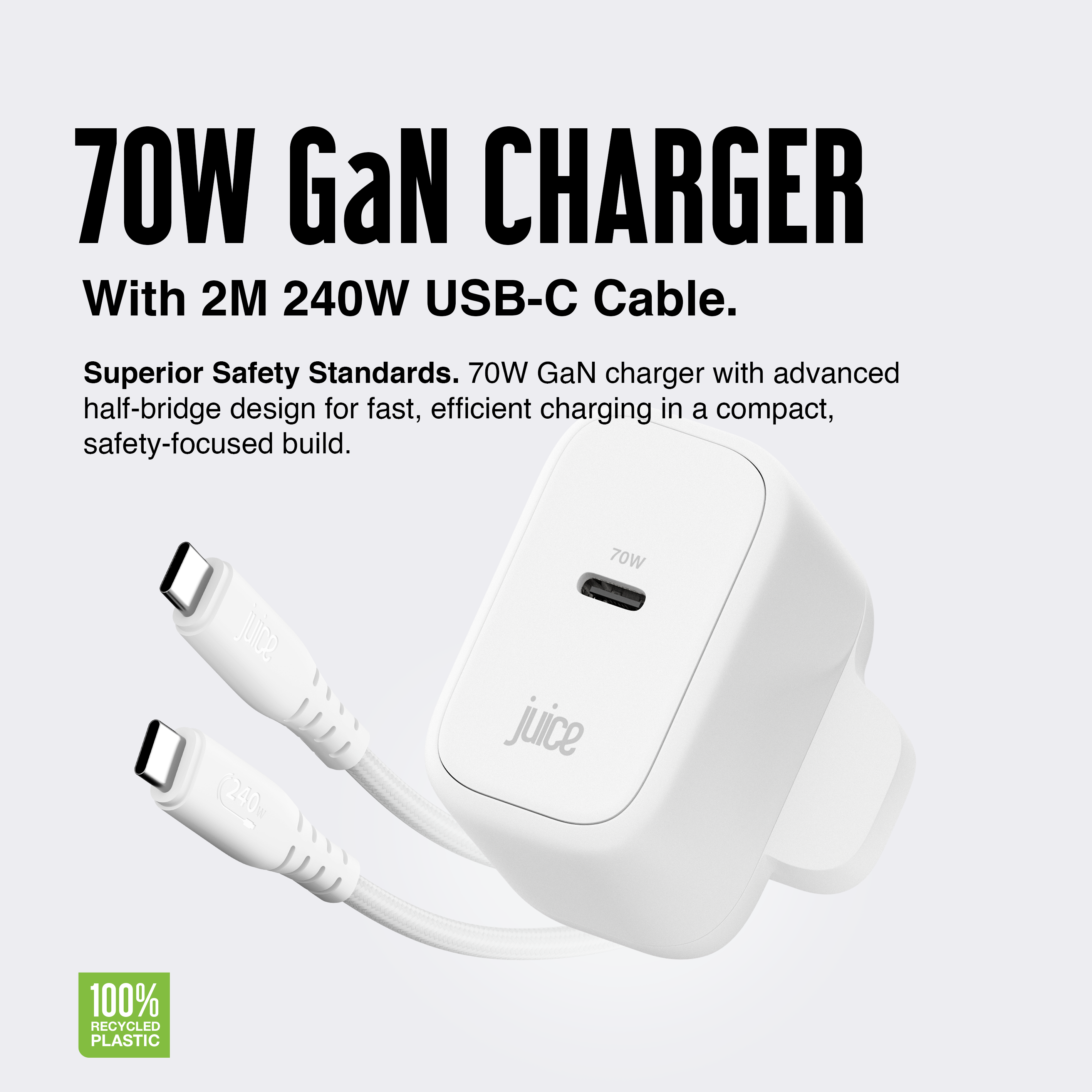 Juice 70W USB-C Fast Charger Plug with 2m Cable – GaN Power for MacBook, Laptop & Phone