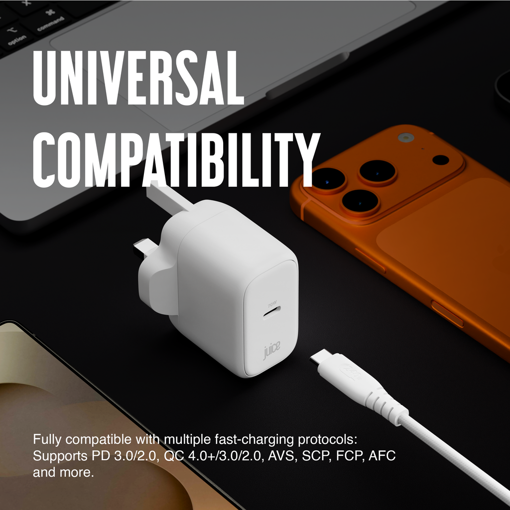 Juice 70W USB-C Fast Charger Plug with 2m Cable – GaN Power for MacBook, Laptop & Phone