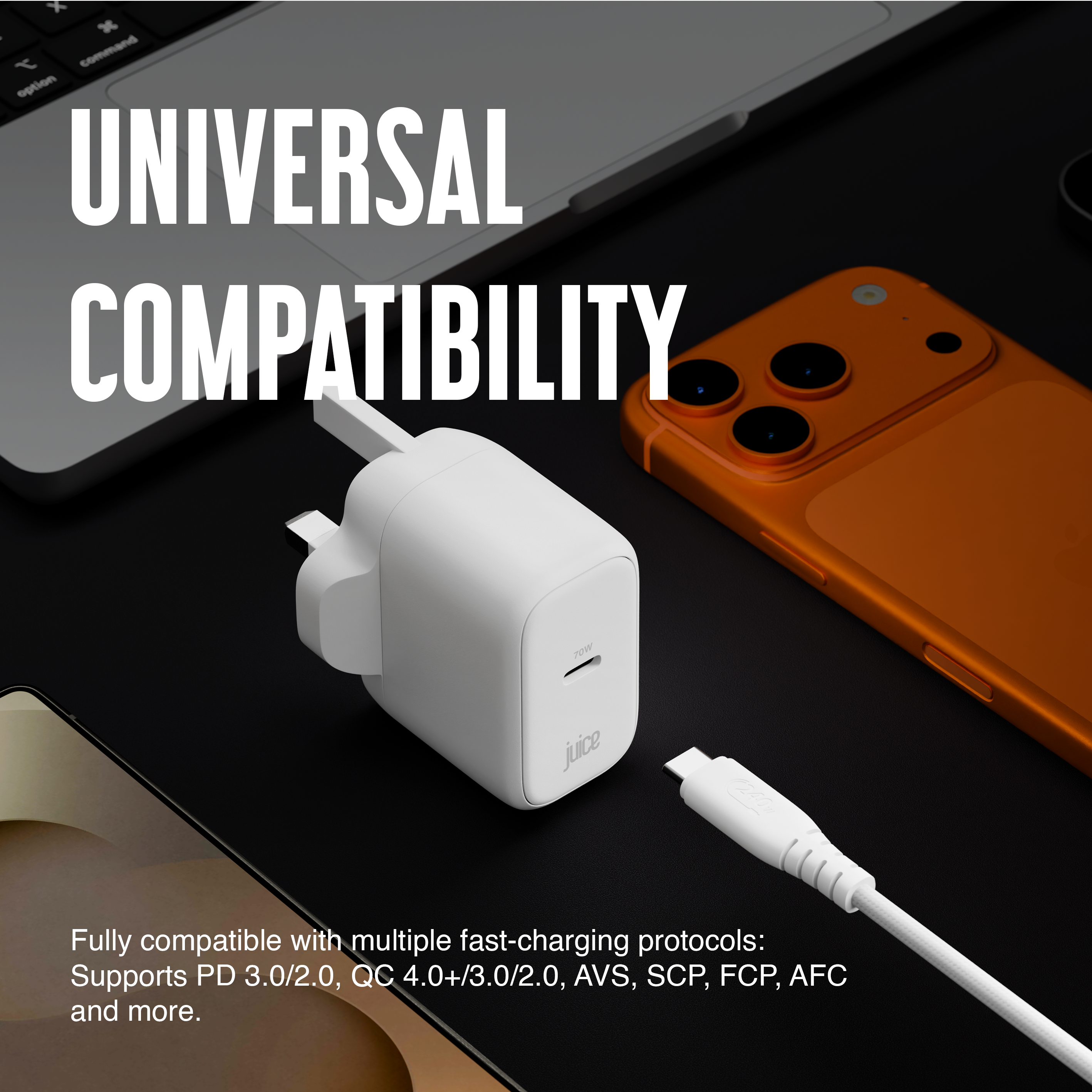 Juice 70W USB-C Fast Charger Plug with 2m Cable – GaN Power for MacBook, Laptop & Phone