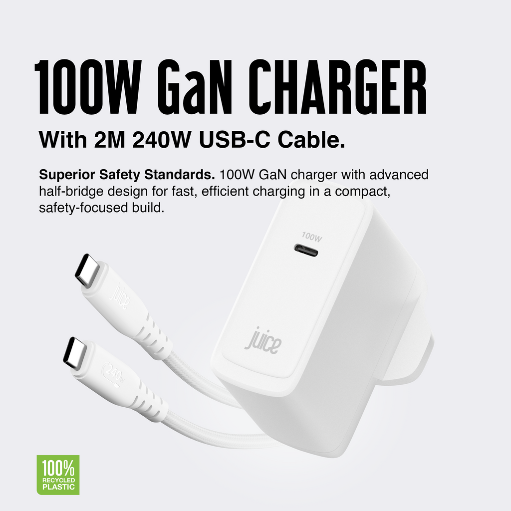 Juice 100W USB-C Fast Charger Plug with 2m Cable – GaN Power for MacBook, Laptop & Phone