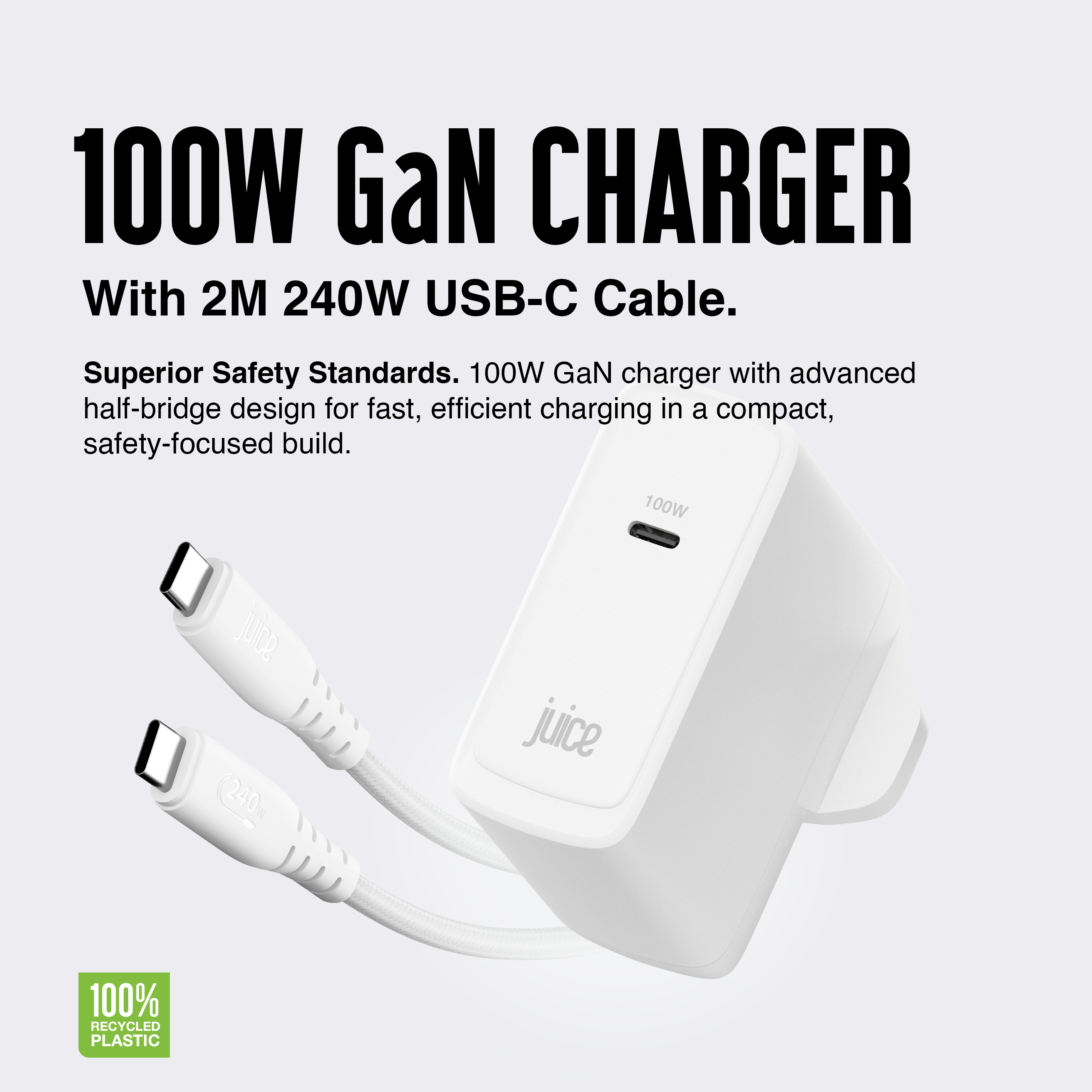 Juice 100W USB-C Fast Charger Plug with 2m Cable – GaN Power for MacBook, Laptop & Phone