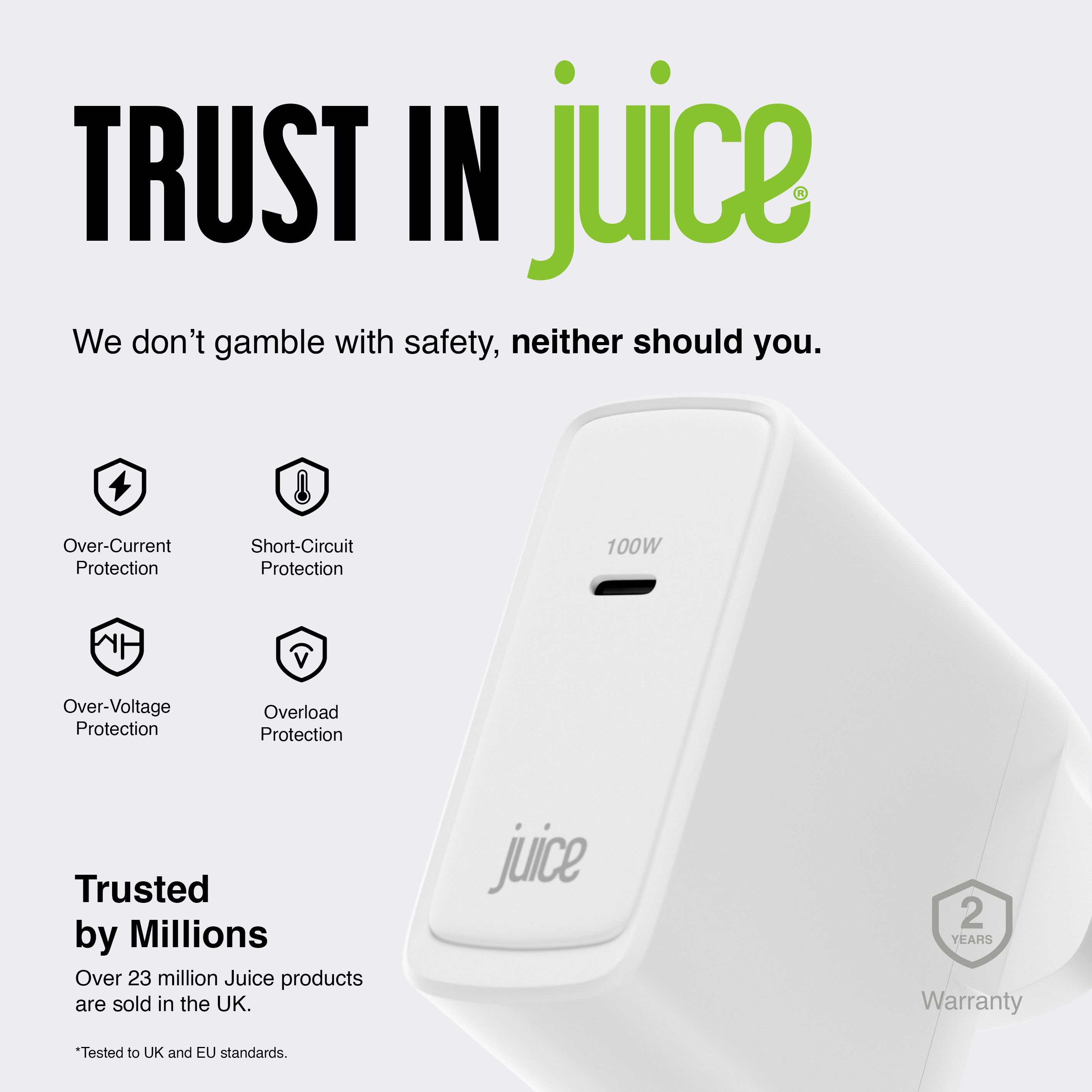 Juice 100W USB-C Fast Charger Plug with 2m Cable – GaN Power for MacBook, Laptop & Phone