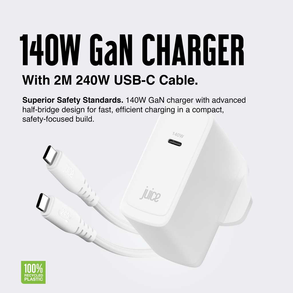 Juice 140W USB-C Fast Charger Plug with 2m Cable – GaN Power for MacBook, Laptop & Phone