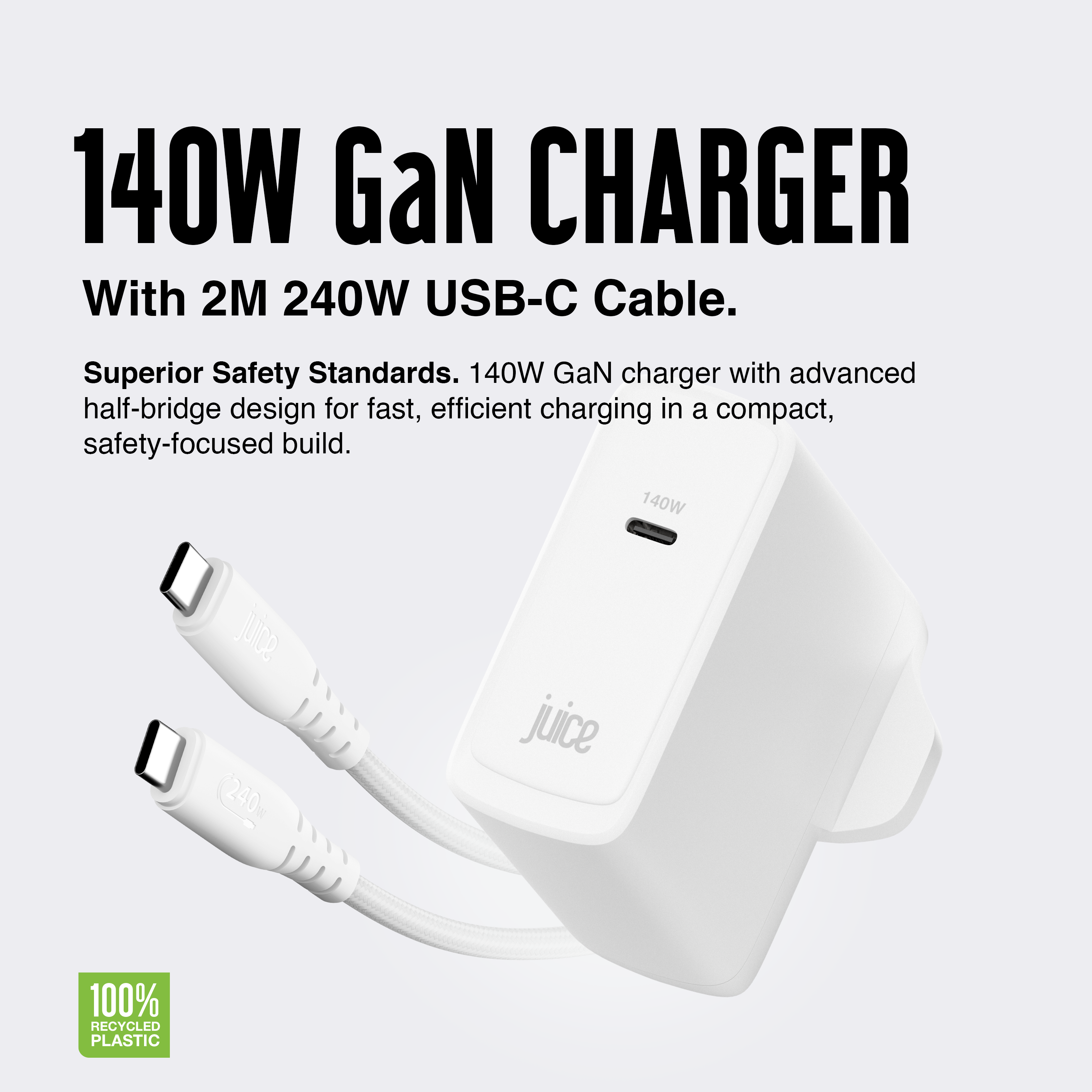 Juice 140W USB-C Fast Charger Plug with 2m Cable – GaN Power for MacBook, Laptop & Phone
