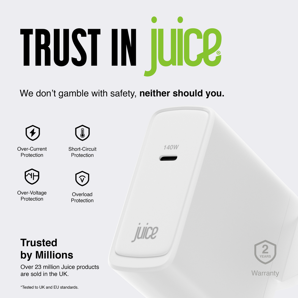 Juice 140W USB-C Fast Charger Plug with 2m Cable – GaN Power for MacBook, Laptop & Phone