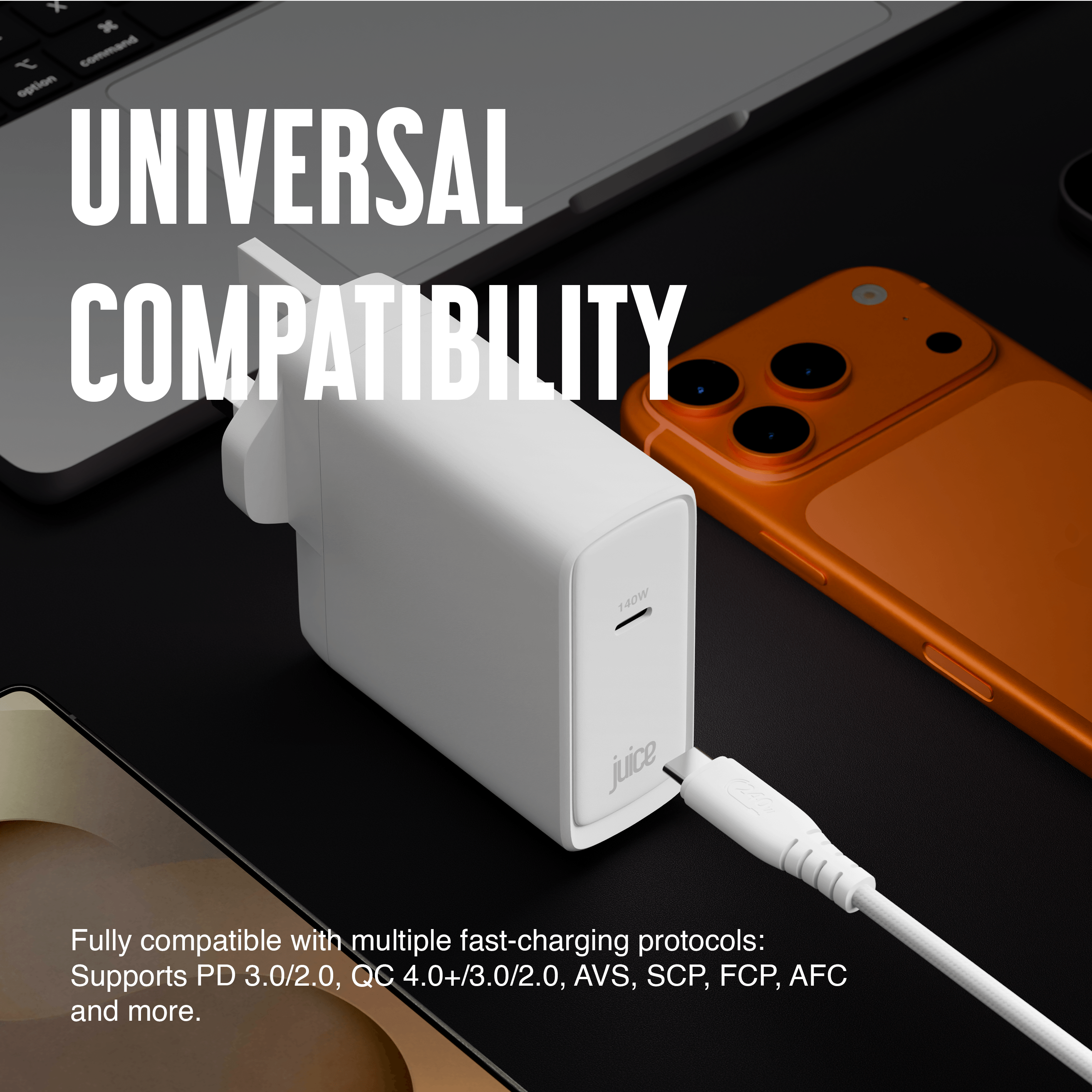 Juice 140W USB-C Fast Charger Plug with 2m Cable – GaN Power for MacBook, Laptop & Phone