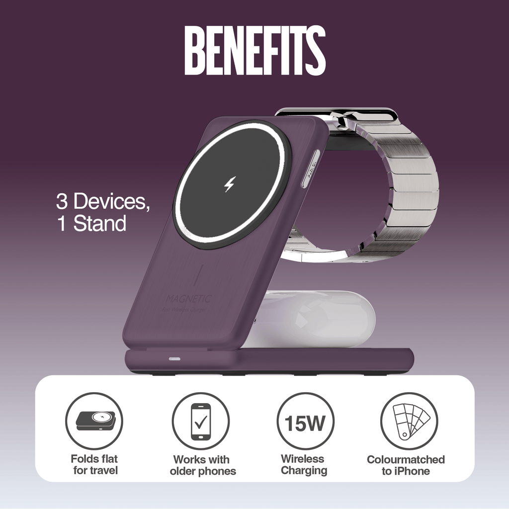 Juice 3-in-1 Compact Wireless Charger 15W (UK Plug) – Burgundy – Benefits