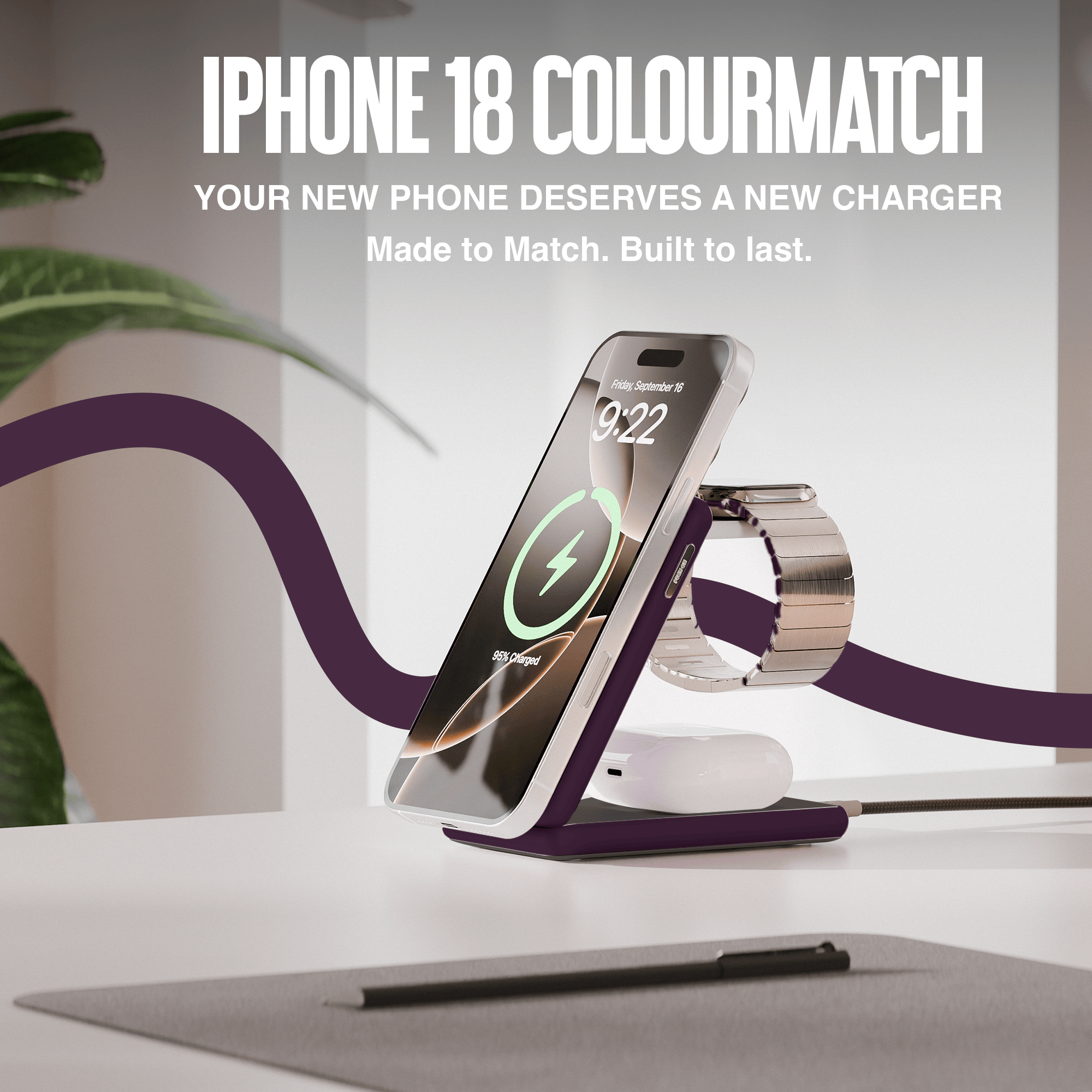 Juice 3-in-1 Compact Wireless Charger 15W (UK Plug) – Burgundy – Colourmatch