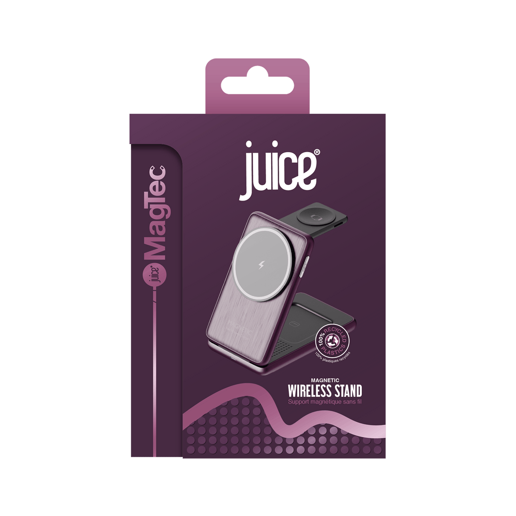 Juice 3-in-1 Compact Wireless Charger 15W (UK Plug) – Burgundy – Packaging