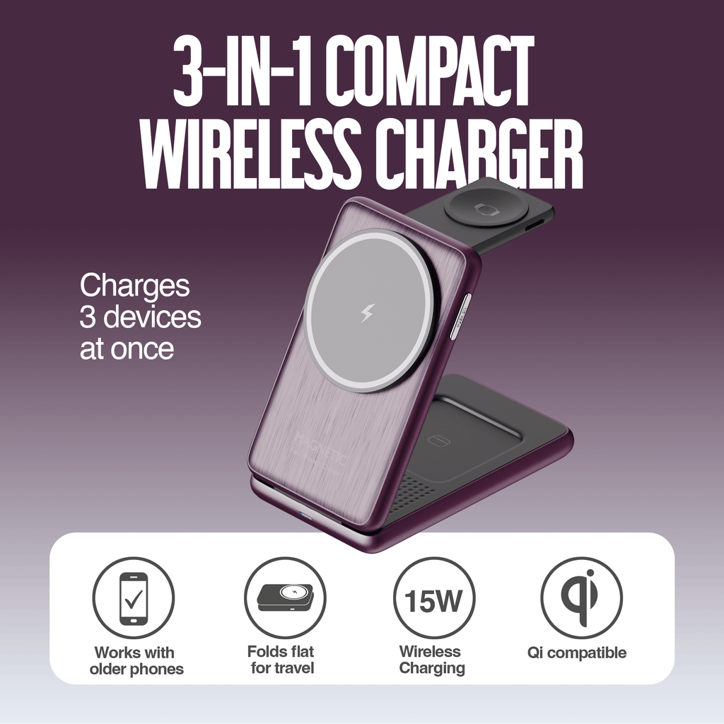 Juice 3-in-1 Compact Wireless Charger 15W (UK Plug) – Burgundy – Product Spec