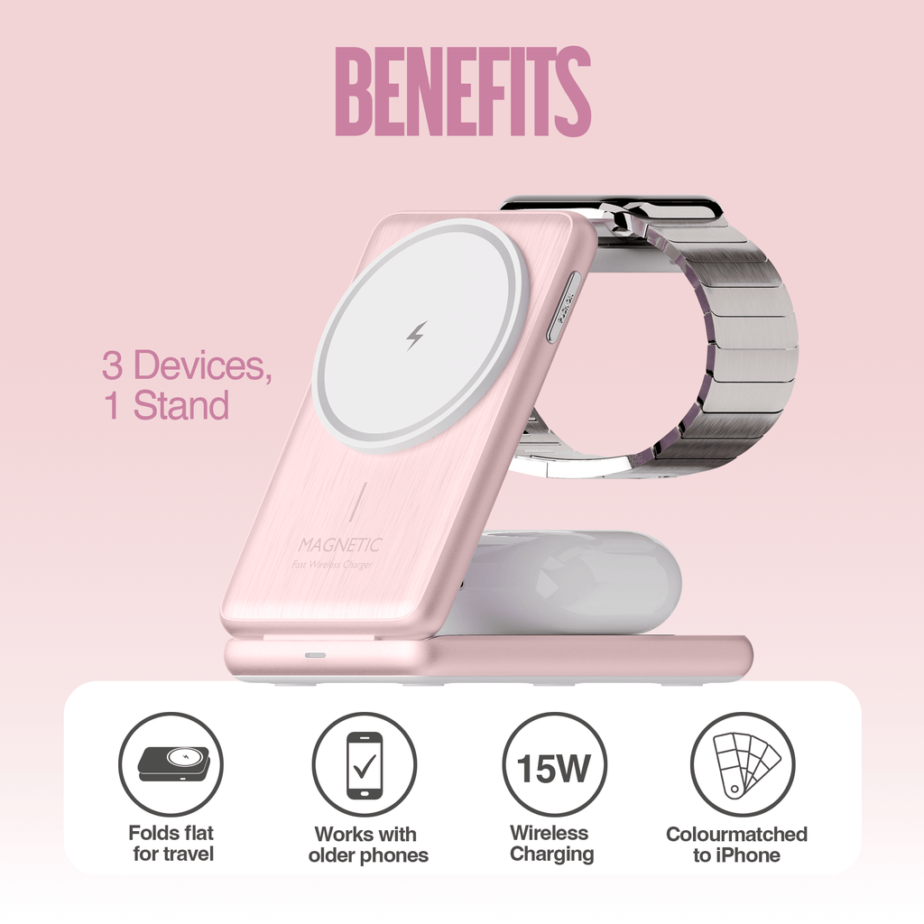 Juice 3-in-1 Compact Wireless Charger 15W (UK Plug) – Pink – Benefits