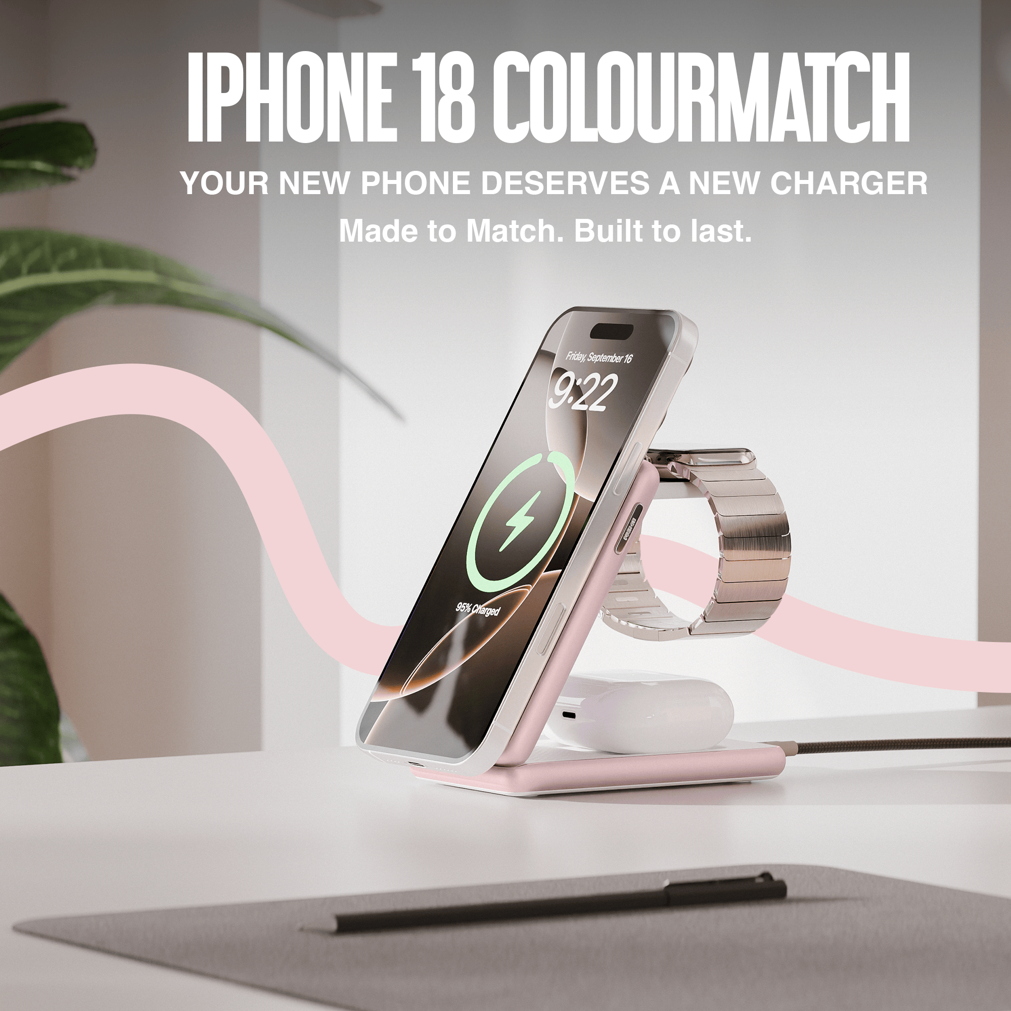 Juice 3-in-1 Compact Wireless Charger 15W (UK Plug) – Pink – Colourmatch