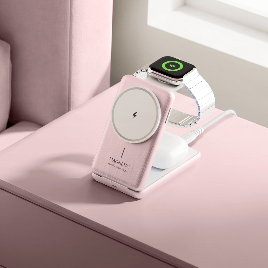 Juice 3-in-1 Compact Wireless Charger 15W (UK Plug) – Pink – Lifestyle