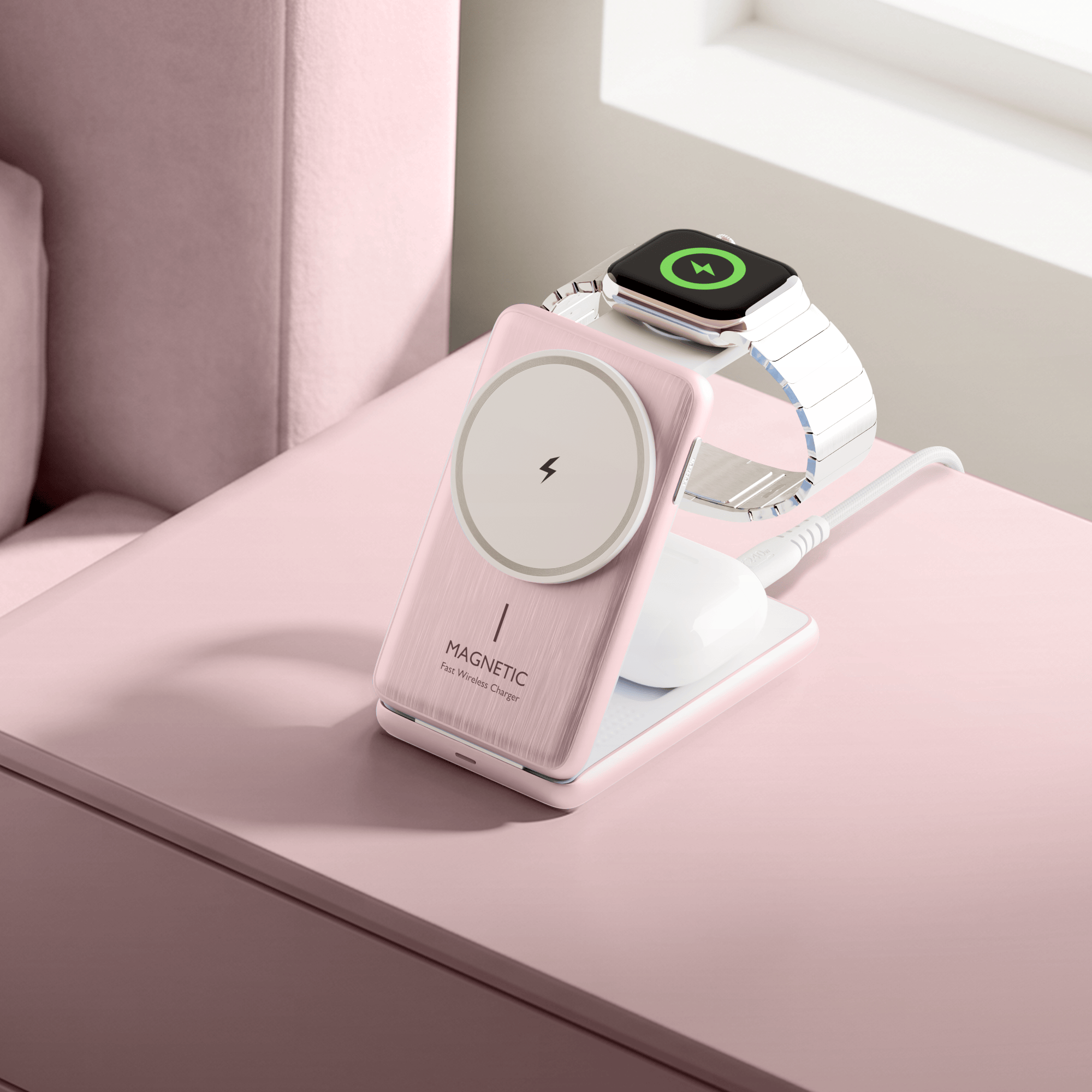 Juice 3-in-1 Compact Wireless Charger 15W (UK Plug) – Pink – Lifestyle