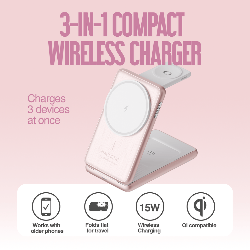 Juice 3-in-1 Compact Wireless Charger 15W (UK Plug) – Pink – Product Spec