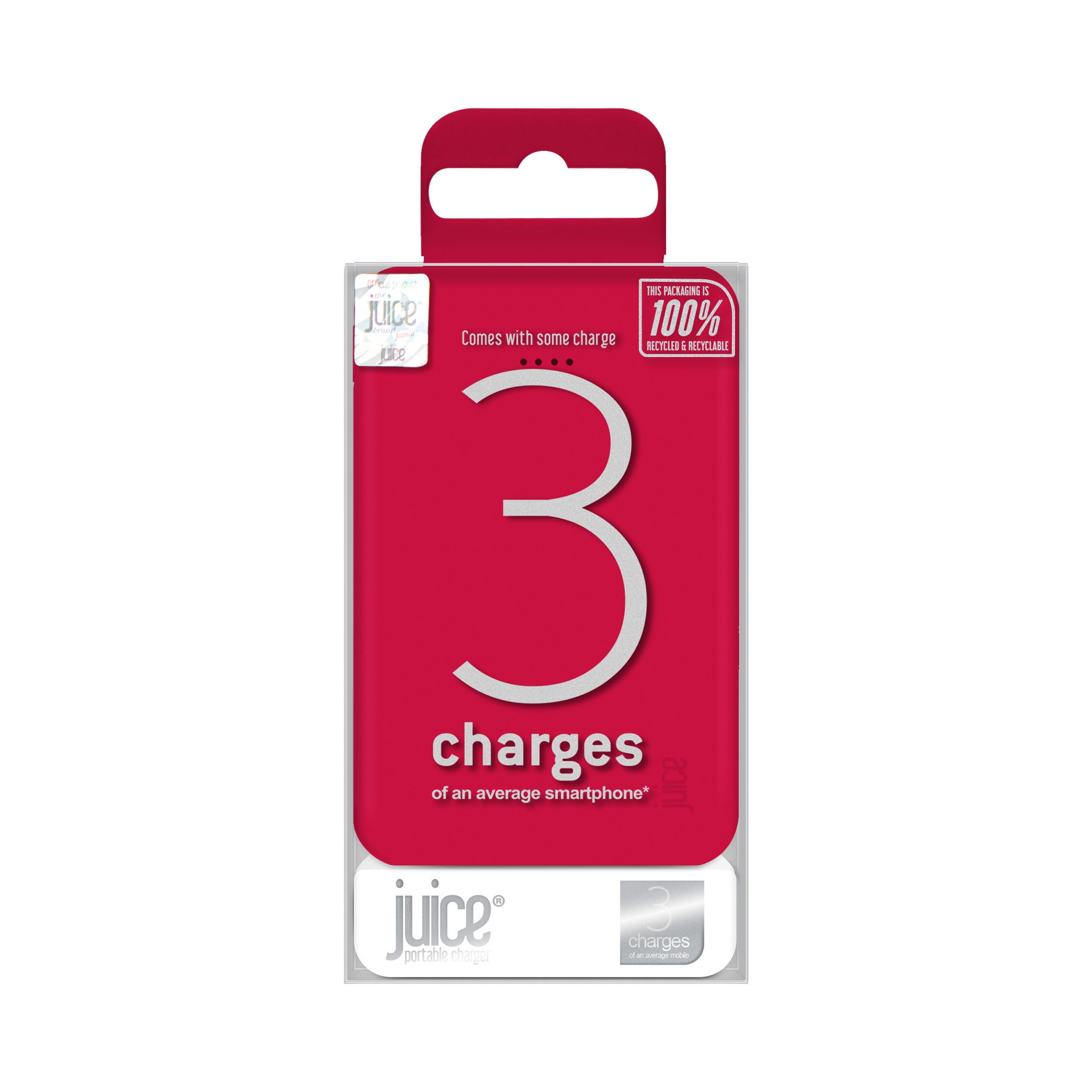 Juice 3 Portable Power Bank Charger in packaging, Red colour. Provides 3 full charges of the average smart phone.