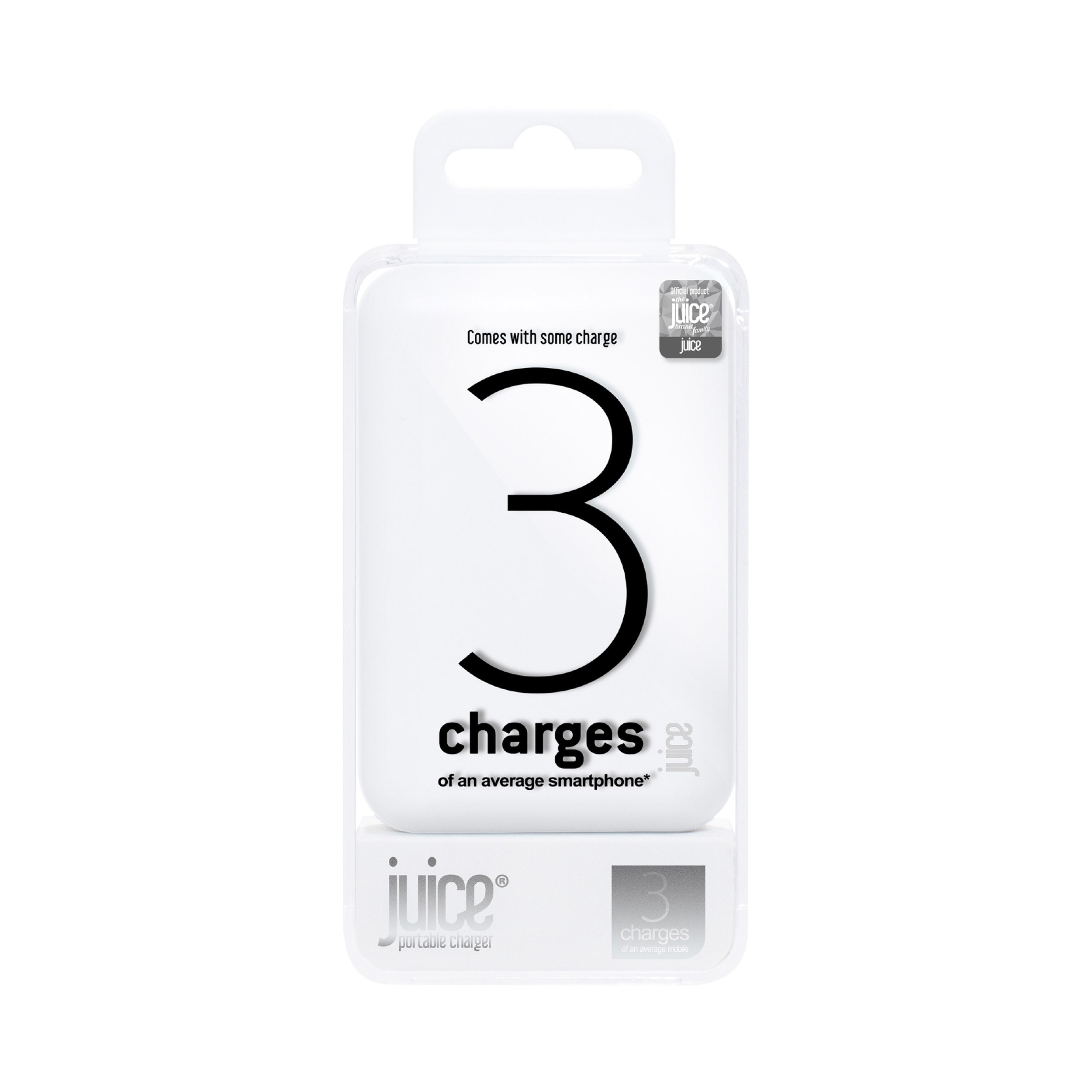 Juice 3 Portable Power Bank Charger in packaging, White colour. Provides 3 full charges of the average smart phone.