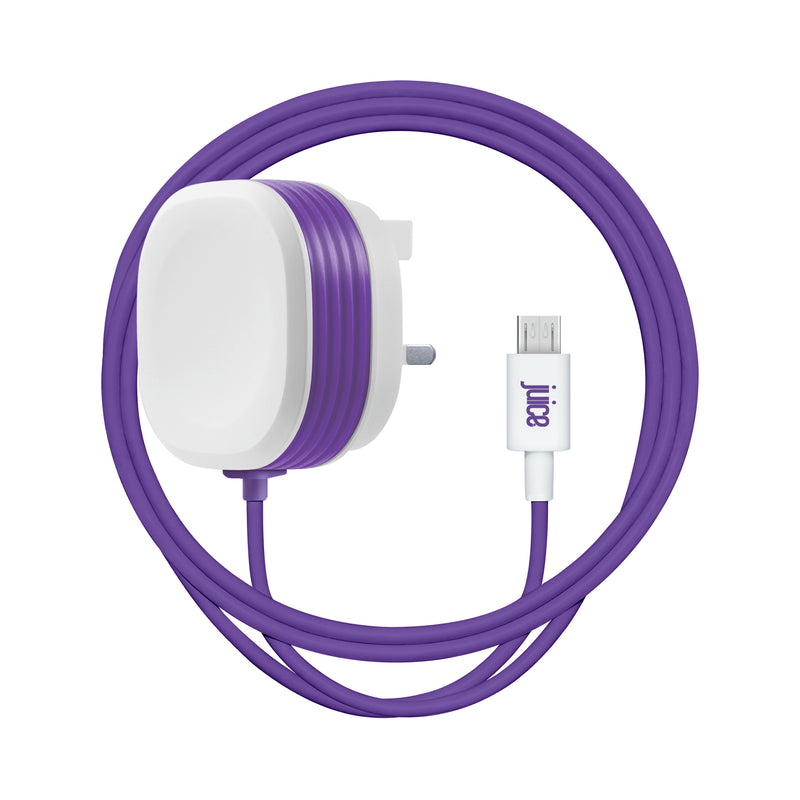 Juice 2.4 Amp Micro USB Charger Plug and coiled Integrated Cable, White and Purple Plug with Purple Cable