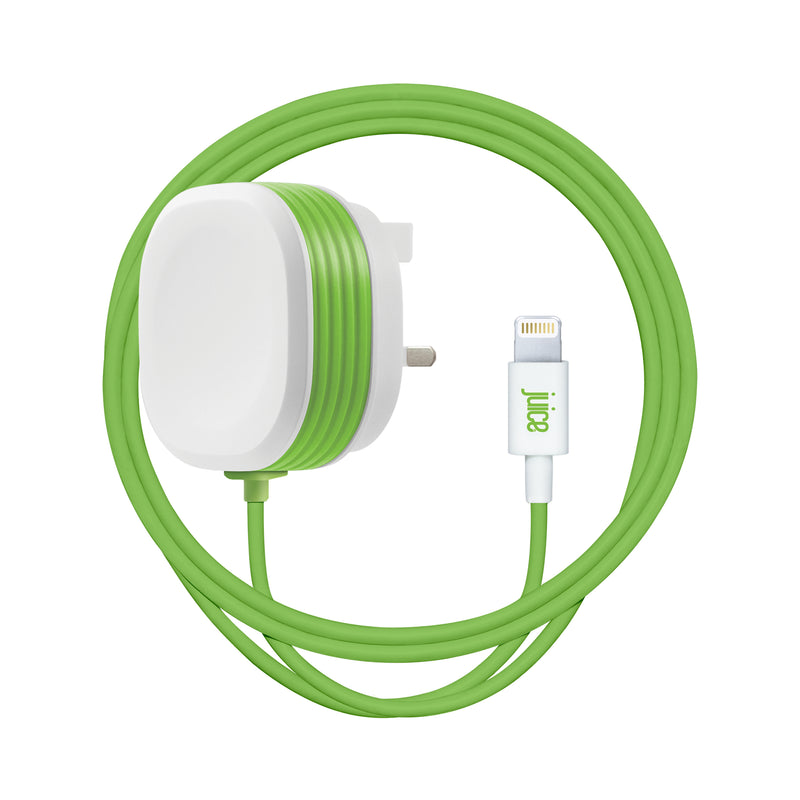 Juice 2.4 Amp Apple Lightning Charger Plug and coiled Integrated Cable, White and Green Plug with Green Cable