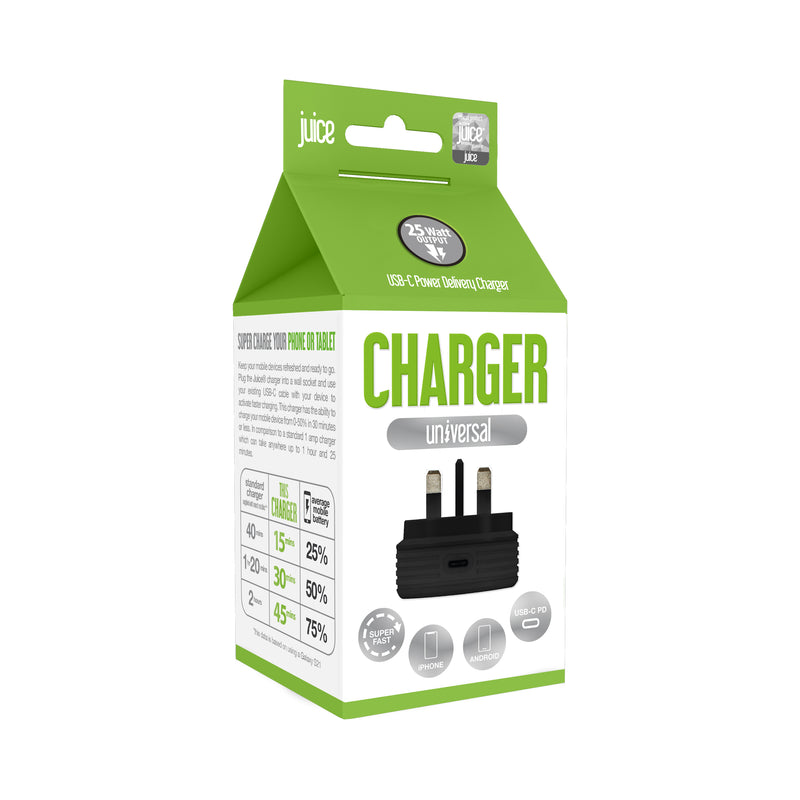 Juice 25W USB-C Mains Fast Charger Plug – Black