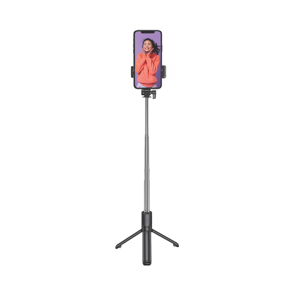 Juice Social 4 in 1 Selfie Stick, phone held vertically in C Clamp on extended tri-pod.
